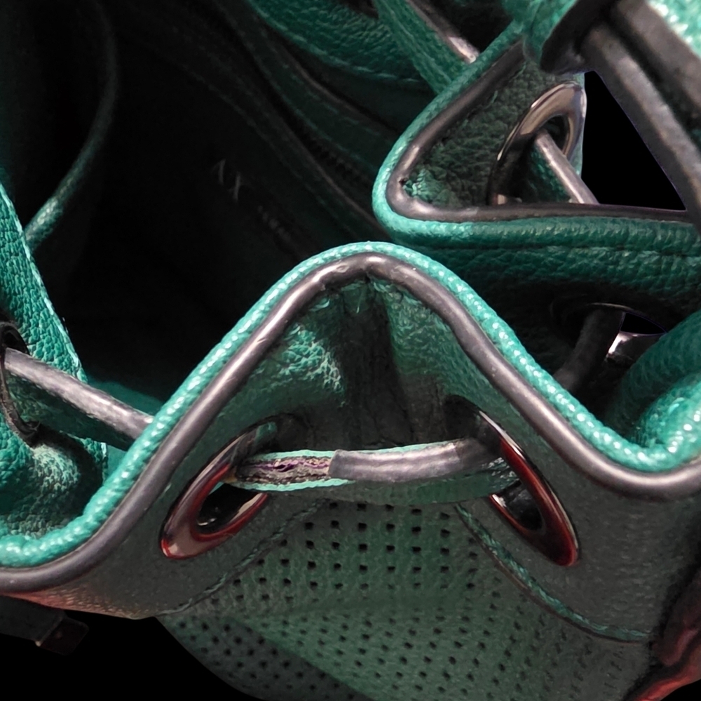 Armani Exchange Perforated Bucket Bag - Emerald Green & Gunmetal - Picture 9 of 9